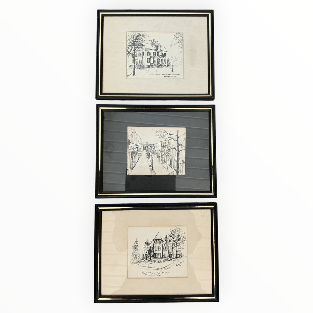 Vintage Shirley Hines Signed Fort‎ Wayne Landmark Pen & Ink Art Framed Set of 3